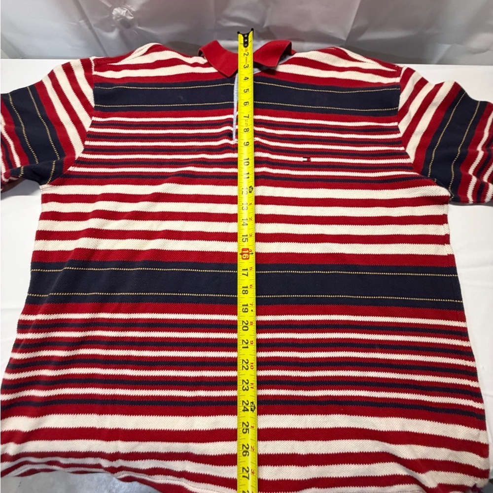 Tommy Hilfiger Red and Navy Woven Striped Polo - Picture 4 of 9